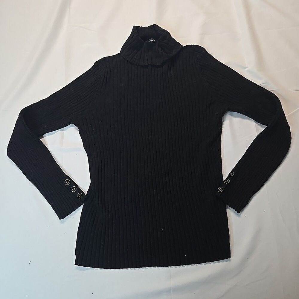 Ellen Tracy Turtleneck Sweater Women Ribbed Knit Top L Black Y2K Gothic Pullover